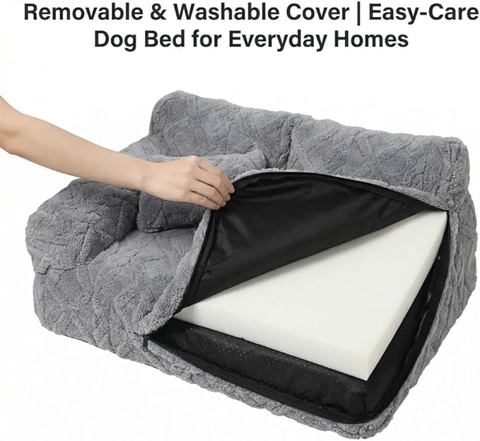 Plush Calming Pet Sofa Bed, Raised Rim, Removable Cover & Non-Slip Bottom for Cats & Dogs, Calming Dog Bed Fluffy Plush Dog Mat for Furniture Protector with Removable Washable Cover (Grey, Large)
