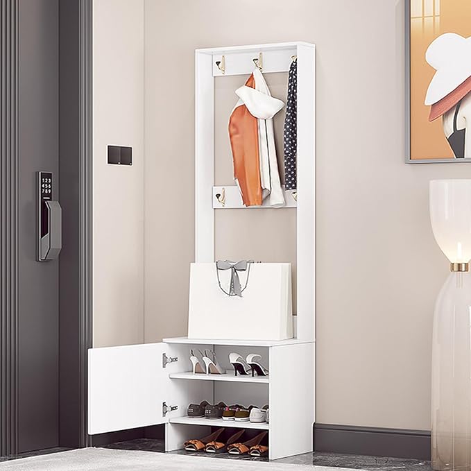 Modern Coat Rack Shoe Bench, 3 in 1 Multifunctional Entryway Organizer with Bench, Shoe Storage and Coat Rack, Entryway Organizer for Small Spaces(White,80cm/32in)