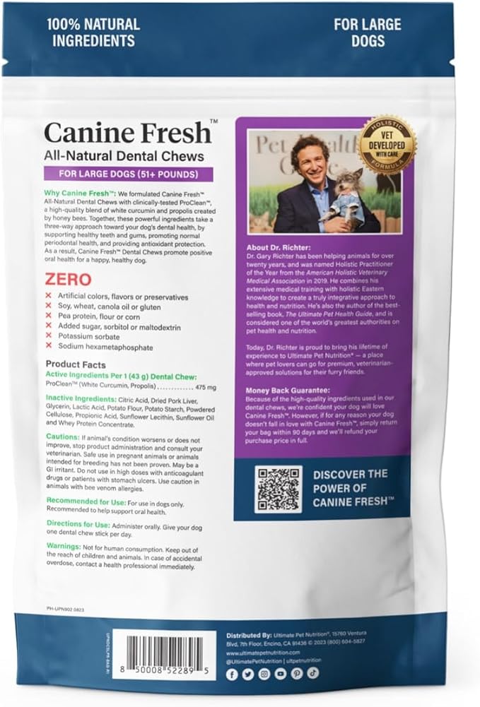 ULTIMATE PET NUTRITION Canine Fresh Dental Chews, Dental Dog Treats, Oral Care and Hygiene Sticks, Soothes Gums, Vet Developed, 12 Chews (Large)