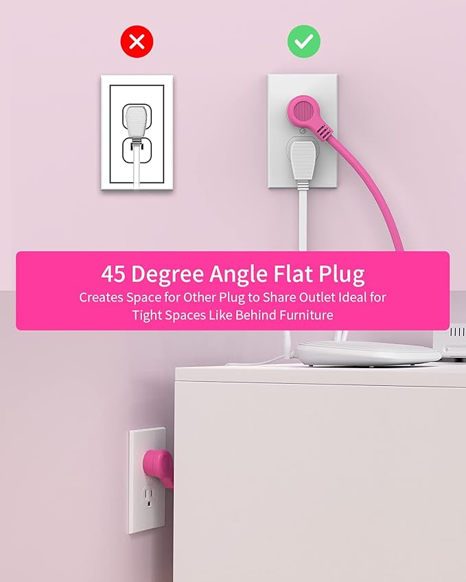 15 ft Extension Cord Power Strip with USB, NTONPOWER Mountable Power Strip Flat Plug with 3 Outlet 2 USB, ETL Listed, Desktop Charging Station, Compact Size for Home Office Dorm Room Nightstand, Pink