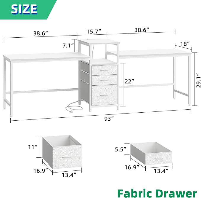 GYIIYUO 93'' Two Person Desk with Charging Station, Long Desk with 3 Drawer | Double Computer Desk with Printer Shelf, 2 Person Writing Study Table Workstation for Home Office, White