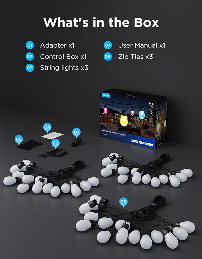 Govee S14 Bulb Outdoor String Lights 2, 144ft RGBICWW, 45 LED Bulbs, IP66 | Patio Lights with 111 Scene Modes for Patio, Backyard, Garden, Compatible with Alexa, Google, Matter, APP Control