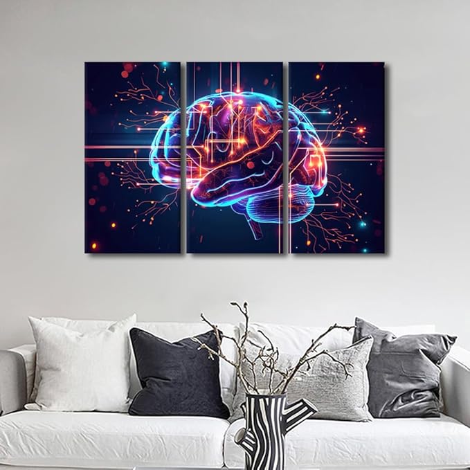 TUMOVO Modern Wall Art Artificial Intelligence, Cyber Security, Cloud Managed, Circuit Board Pictures Print on Canvas for Home Office Wall Decoration 3 Piece Concepts Wall Art, 42" Wx28 H