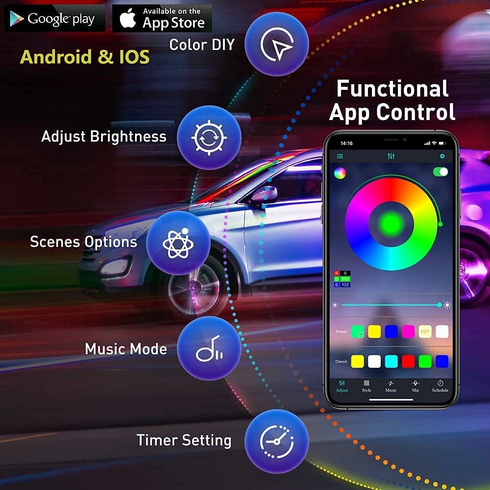 Exterior Car LED Strip Lights with App and RF Remote Control, 16 Million Colors Underglow Kit