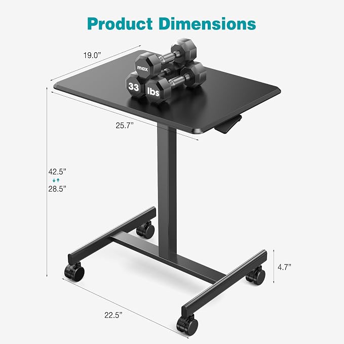 DUMOS Mobile Rolling Desk with Wheels Adjustable Height | Small Standing Desks Portable Laptop PC Table, Computer Workstation for Home Office Small Space, Modern Black