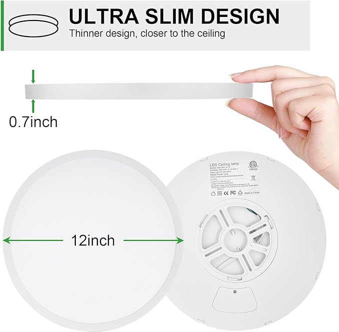 LED Flush Mount Ceiling Light: 12 inch 1Pack Super Slim Dimmable & 5CCT (2700-6500K) Kitchen Lighting Fixtures Ceiling - 24W White Low Profile Ceiling Lamp for Bedroom Garage Hallway