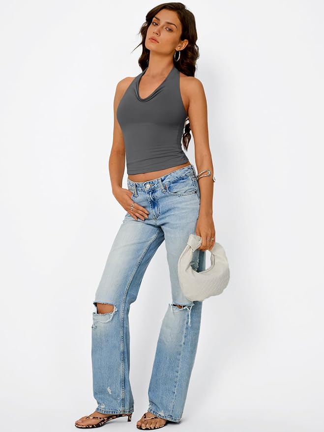 Trendy Queen Halter Tops for Women Going Out Summer Top | Cowl Neck Shirts, Sexy Backless, Fashion Y2K Clothes, Perfect for Party, Club, Vacation, Pair with High-waisted Bottoms