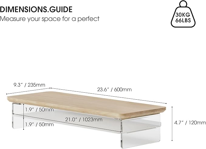 Fenge 23.6" Monitor Stand with Clear Acrylic Legs, Oak | Clear acrylic, storage compartment, 2-tier home office monitor riser, wide large desktop shelf fit monitor/laptop/printer
