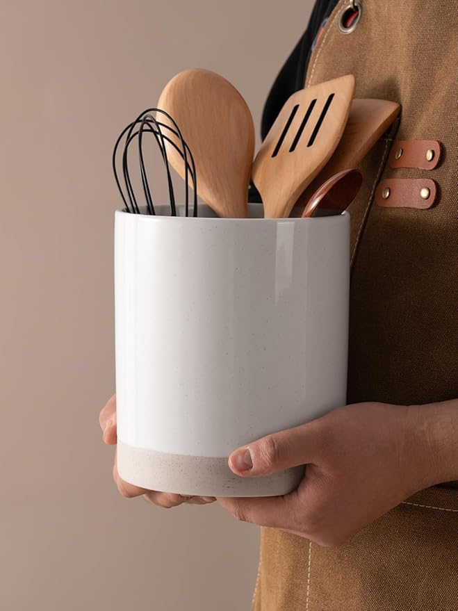 famiware Milkyway Kitchen Utensil Holder for Countertop, 7.2"+5.8" Ceramic Cooking Utensil Crocks for Counter, Utensil Organizer for Spatula & Spoon, Kitchen Decor, Set of 2, White