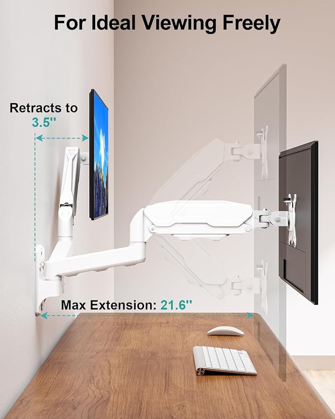 MOUNT PRO Dual Monitor Wall Mount for 13 to 32 Inch Computer Screens, Gas Spring Wall Monitor Arm for 2 Monitors, Each Holds Up to 19.8lbs, Adjustable Wall Monitor Mount with VESA 75x75/100x100, White