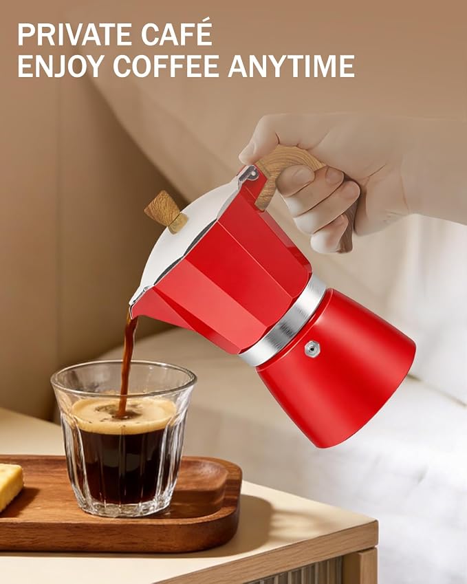Coffee Maker Stovetop Espresso Maker 6 Cup Aluminum Moka Pot Percolator 10oz 300ml Easy Brewing for Electric Ceramic Stoves Home Camping Italian Cuban Café Classic Red