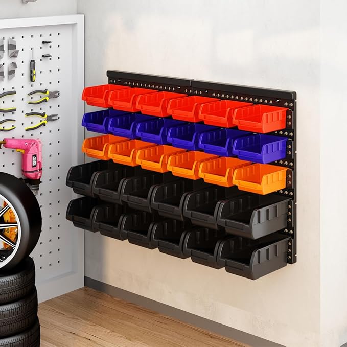 MULSAME Wall Mounted Storage Bins Parts Rack 4 Colors Bin Organizer Garage Plastic Shop Tool, Garage Organizers and Storage (Style-Classic) 25.2"*16.2"