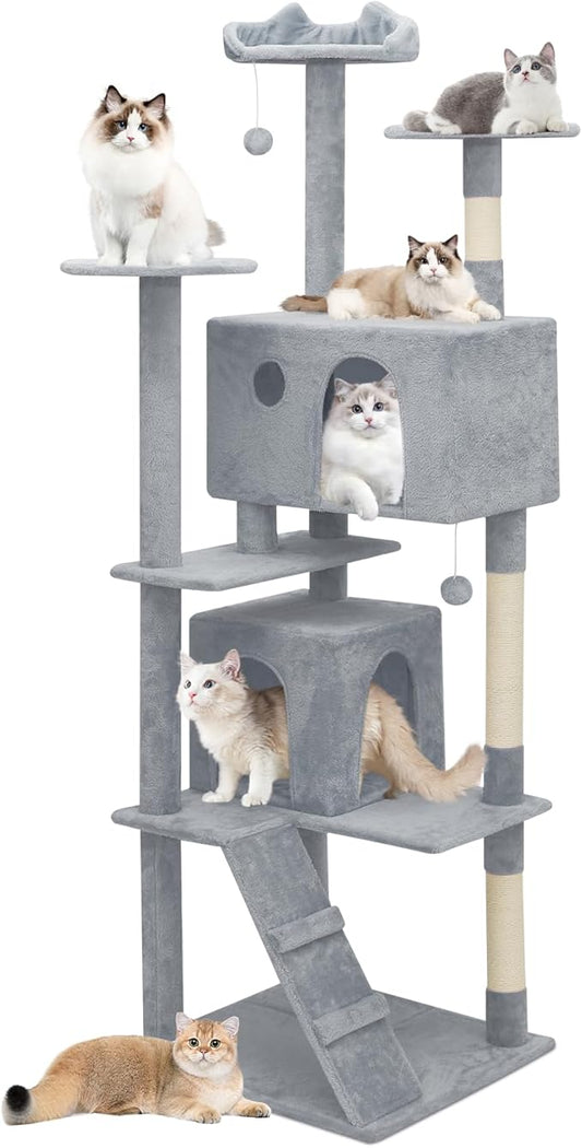 Athena Collection Cat Tree, 77 Inch Cat Tower for Indoor Cats, Multi-Level Cat Tree Tower Activity Center with 2 Cat Condo & Cat Scratching Post & Dangling Ball, Tall Cat Tree, Light Gray