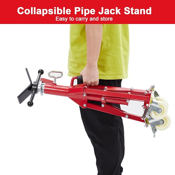 Towallmark V-Head Pipe Jack Stand with Casters, 28-52 Inch Adjustable Height,1/8"-12" Capacity, 2500 lb Load Capacity,Heavy Duty Carbon Steel Body, Steel Jack Stands with Portable Folding Legs