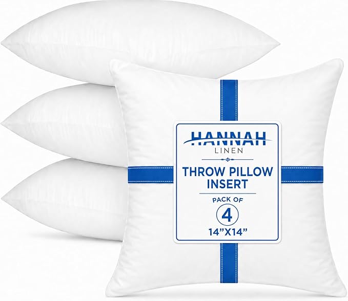 Hannah Linen Throw Pillow Inserts 14x14 – 4 Pack Square Pillow Insert | Pillow Insert for Couch, Sofa & Bed, Soft Fluffy Polyester Filled Cushion Stuffers, Indoor Home Decor Pillows