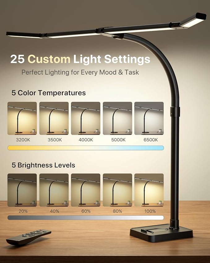 ONEMIX 42" LED Desk Lamp for Home Office, Eye-Caring Desk Light with Adjustable 4-Segment Bar, 1800LM Bright, Remote, Architect Table Lamp with Base for Dual Monitors, Reading, Study, Workbench(Black)