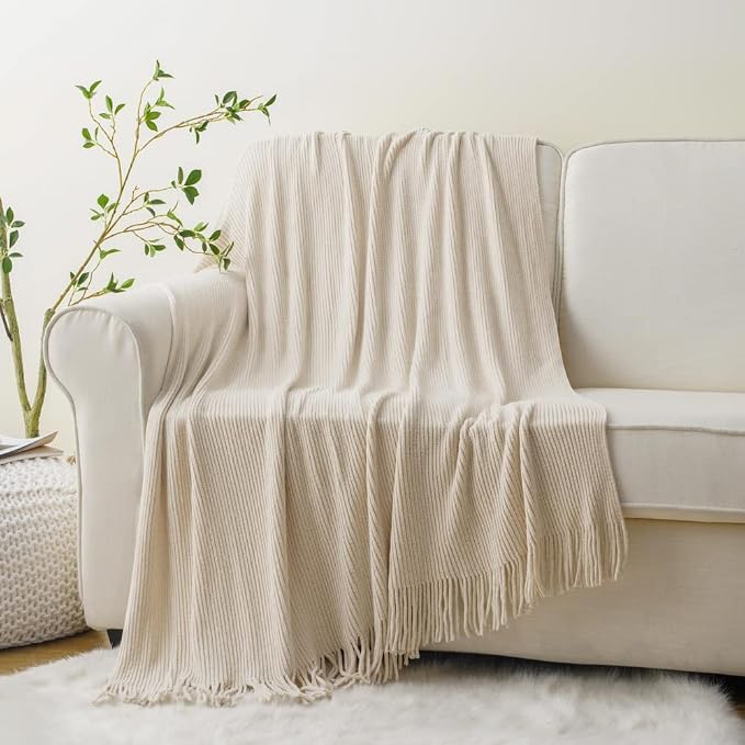 BATTILO HOME Beige Throw Blanket for Couch, 50"x60" | Soft Chenille Knit Blanket with Tassels for Home Decor, Neutral Beige Throws for Couch Cover