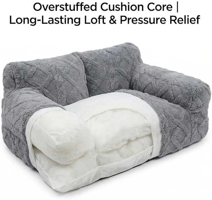 Plush Calming Pet Sofa Bed, Raised Rim, Removable Cover & Non-Slip Bottom for Cats & Dogs, Calming Dog Bed Fluffy Plush Dog Mat for Furniture Protector with Removable Washable Cover (Grey, Large)