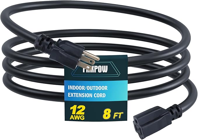 Indoor Outdoor Extension Cord, 12 Gauge 3 Prong Weatherproof Heavy Duty Black Extension Cords, 12/3 SJTW 15A 8 FT Extension Cable for Garage, Garden and Home, UL Listed