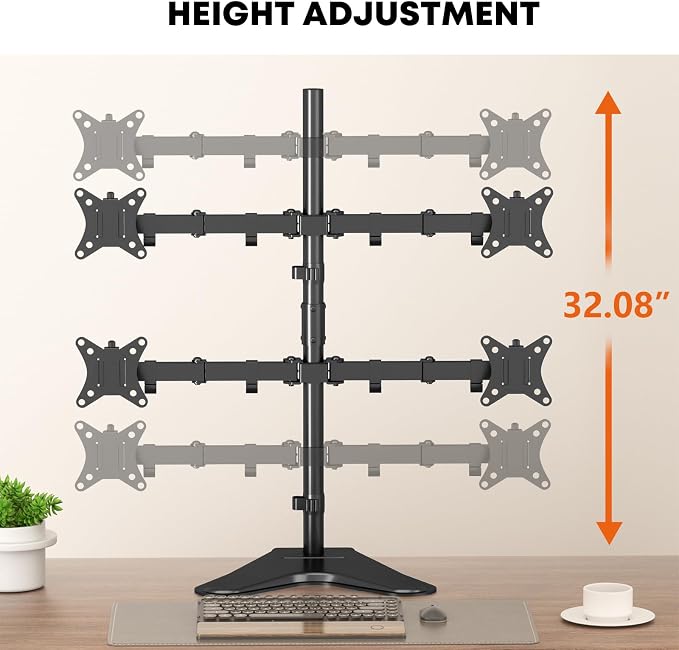 PUTORSEN Quad Monitor Stand for 4 Screens, 17-32", 19.8 lbs Each | Stacked 4-Screen Desk Mount with Full-Motion Arms, VESA 75/100, Tilt, Swivel & Rotation, Larger Base with Phone Slot, Black