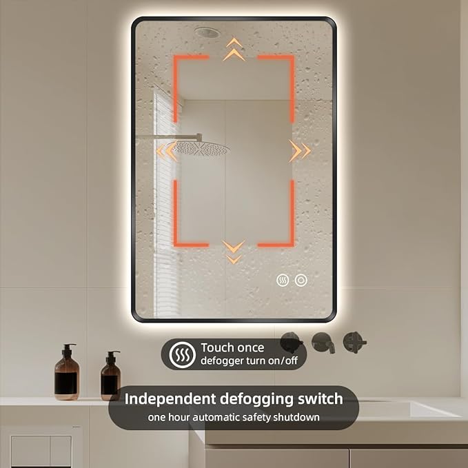 28" x 36" Black LED Bathroom Mirror, Smart Touch Switch, Anti-Fog, Backlit Mirror, 3-Color Dimmable Lighting, CRI≥93, Modern Bathroom Vanity Wall Mirror with Lights (Horizontal/Vertical)