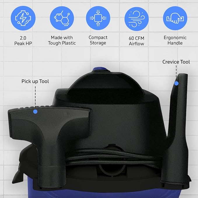 Koblenz WD-2L Portable Wet Dry Vacuum, 2-Gallon 2 PHP Suction Plus Blower Vacuum Cleaner for Liquids, Dust, Pet Hairs, 10' Reach, Ideal for Home, Car, Garage, Shop, Accessories Included, Blue/Black