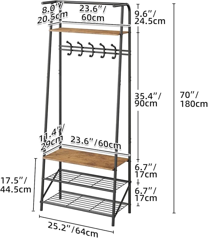 Coat Rack Shoe Bench with 5 Hooks, Entryway Hall Trees with Storage, Multifunctional Hallway Organizer, Wood Look Accent Furniture with Metal Frame, 4-in-1 Hall Trees Shoe Bench (1 Row-5 Hooks)