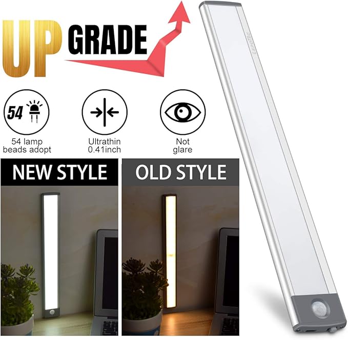 LED Motion Sensor Cabinet Light,Under Counter Closet, Wireless USB Rechargeable Kitchen,54-LED Battery Powered Operated Light, for Wardrobe,Closets,Cabinet,Cupboard（Warm Light）