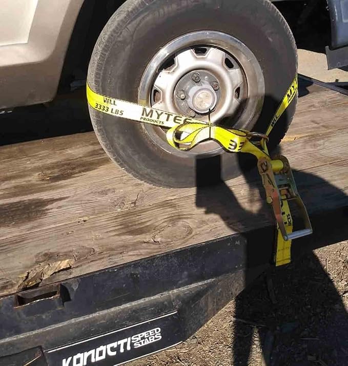 Mytee Products 4 Pack 2" x 168" Car Tie Down Straps for Trailer with Flat Hook - 3333 LB WLL Lasso Style Tire Straps for Car Trailer with Ratchets - Vehicle Tie Down Wheel Straps for Hauling Cars