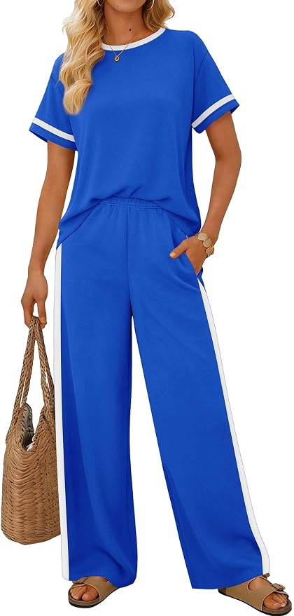 Sampeel 2 Piece Sets for Women Matching Sets Summer Outfits Resort Wear Short Sleeve Lounge Set Wide Leg Pants with Pockets