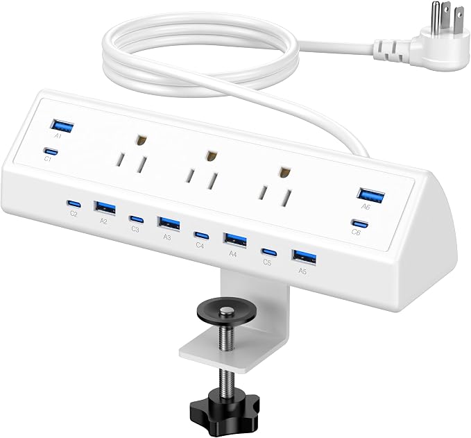 Jgstkcity 130W Desk Clamp Power Strip, 12 USB Ports (6 PD 65W USB-C),Surge Protector,ETL Listed Power Hub Extension Cord,Fast Charging Station for Home Office Desk Edge Mount (White, 12 USB-130W)