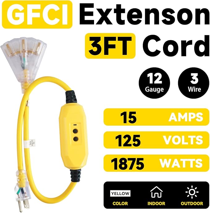 EP 3 Ft Lighted GFCI Extension Cord with 3 Electrical Power Outlets - 12/3 SJTW Heavy Duty Yellow Pigtail Extension Cable with 3 Prong Grounded Plug for Safety, UL Listed