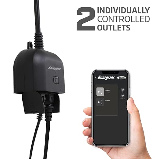Energizer Smart Wi-Fi Outdoor Plug, Water-Resistant, 2 Individually Controlled Outlets, Customizable Schedules/Remote Access with App, Compatible with Alexa, Siri, Google Assistant, Black