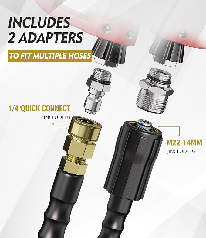 Pressure Washer Gun and Hose Kit, 4800PSI Flexible & Kink-Resistant - Steel Braided & Durable High Power Washer Hose 50 FT with 3/8" Swivel Quick Connector and M22 14mm Adapters & 5 Nozzles