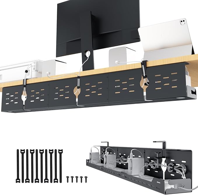 Univivi Under Desk Cable Management Tray, Cable Management, 48 inch, Black | Durable Steel, Cable Management with No-Drill C-Clamp and Screw Mount, Effortless Wire Management for Office/Home
