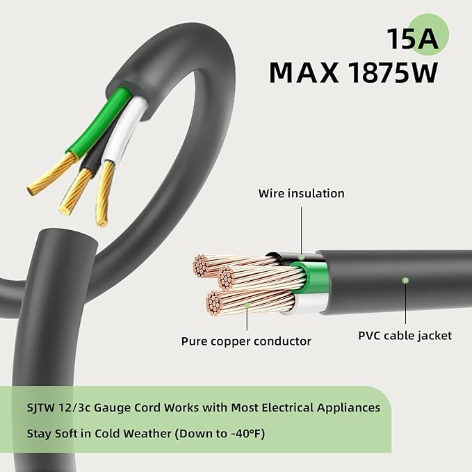 EP 12/3 15 FT Indoor Outdoor Grey Extension Cord Waterproof, 12 Gauge 3 Prong Power Cord Flexible Resistant Appliance Extension Cable Electric Cable Outside, 15A 1875W 12AWG SJTW, ETL Listed