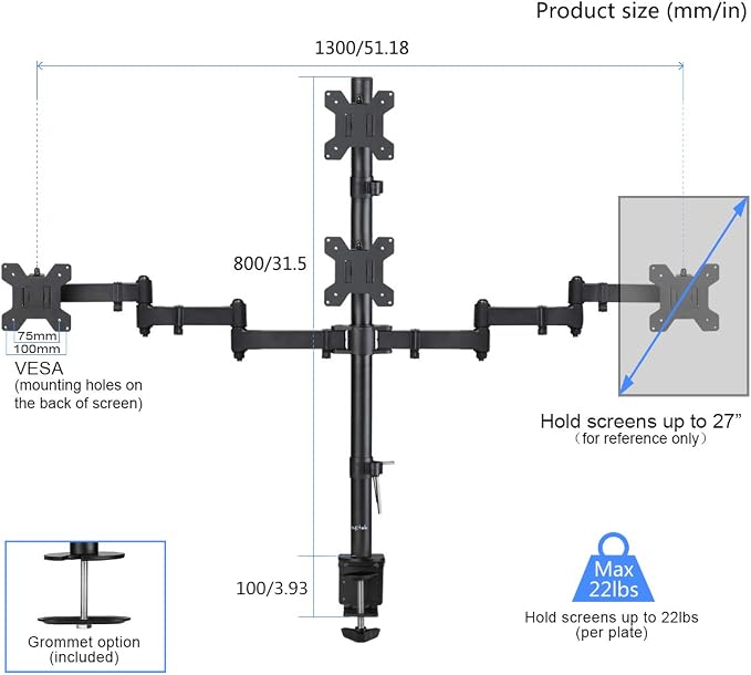 Suptek Quad LED LCD Monitor Stand up Desk Mount Extra Tall 31.5 inch Pole Heavy Duty Fully Adjustable Stand for 4 (3+1) / Four Screens up to 27 inch (MD6864)