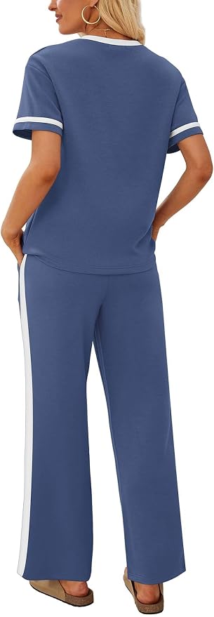 Sampeel 2 Piece Sets for Women Matching Sets Summer Outfits Resort Wear Short Sleeve Lounge Set Wide Leg Pants with Pockets