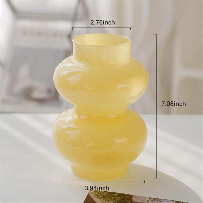 JSPYFITS Glass Hydroponic Flower Vase, Double Balls Colored Glass Bubble Vase for Flower, 7 Inches Glassvase Funky Vase for Home/Office/Weddings/Party Table Flower Décor (Milky Yellow)