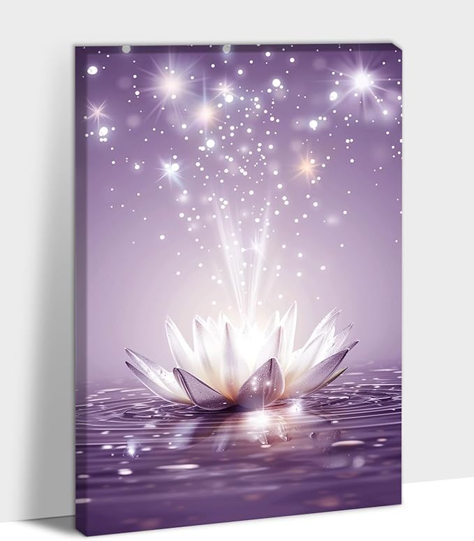 Zen Canvas Wall Art, White Lotus Flower Bloom in Water Picture, Zen Blue Flower Painting, Modern Framed Spiritual Home Artwork for Yoga Spa Meditation Spiritual Room Living Room Office 12x18 inch