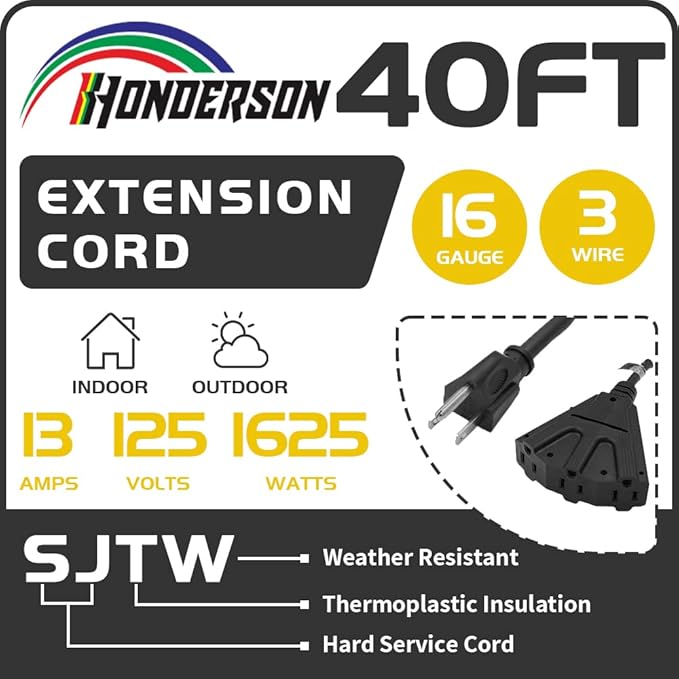 3-Outlets Indoor Outdoor Extension Cord Weatherproof, UL Certified, 16 Gauge 40FT Black 3 Prong Heavy Duty, 16/3 SJTW 13A Power Cord