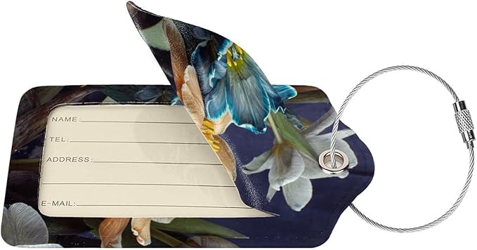 Retro Tulips Luggage Bag Case Tags for Travel Suitcase White Blue Yellow Flowers On Blue Background PU Leather Baggage Tag with ID Label Privacy Flap Cover 2 Pack