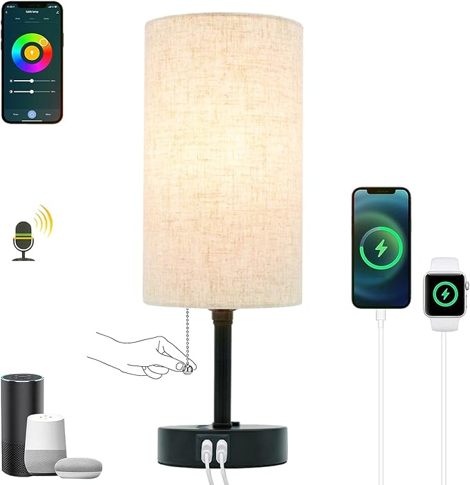 Smart Table Lamp Work with HomeKit, Siri, Alexa, Google Assistant, Smart Beside Nightstand Lamp with AC Outlet & USB A+C Charging Ports, Ambiance Color Changing Bed Table Lamp for Bedroom