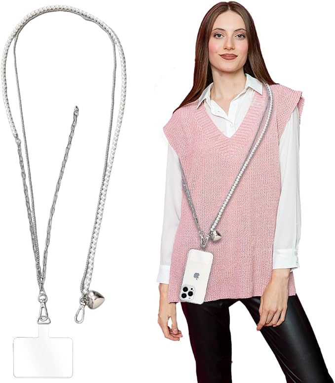 Phone Crossbody Lanyard Double Phone Lanyard,Pearl Chain&Metal Chain Double Universal Phone Strap with Phone Tether Patches for Most Phone(K)