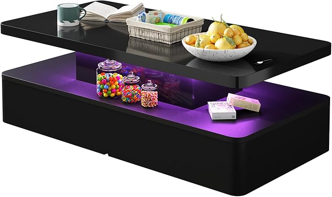 oneinmil Modern LED Coffee Table, 47" Living Room Tables with Double-Layer Design, 16 Colors LED Lights, Stylish Coffee Tables for Living Room, Home, Office, Black