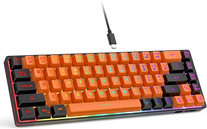 GEODMAER 65% Gaming Keyboard, LED Backlit Mini Wired Keyboard, Ultra-Compact Anti-Ghosting No-Conflict 68 Keys Membrane Gaming Wired Keyboard for PC Laptop Windows Gamer(Orange-Black)