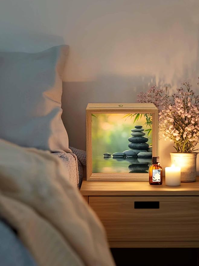 Wood Night Light Box 6.5x6.5in,Zen Meditation Stone Lake Table Lights Wooden Picture Frame with USB Rechargeable Touch LED Lights for Home Decor Desktop Display,Nature Landscape Still Life