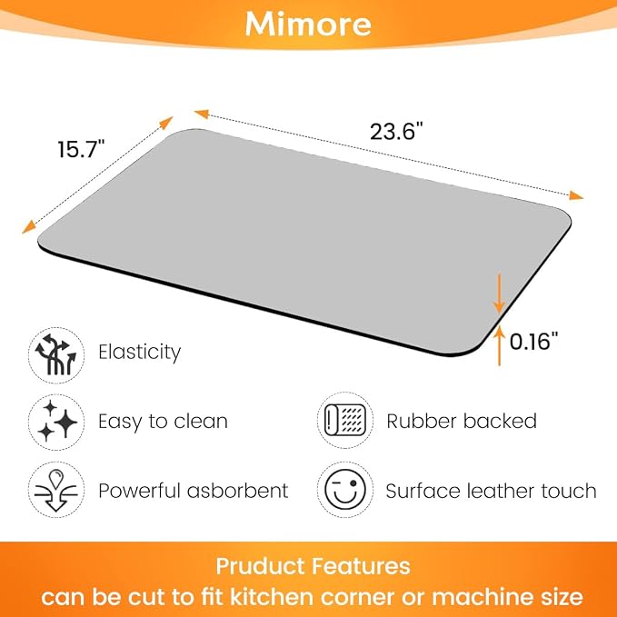 Mimore Coffee Mat - 16x24 Inch Light Grey Coffee Bar Mat for Countertop - Absorbent, Hides Stains, Rubber Backed - CoffeeBar Accessories Dish Drying Mat Fit CoffeeMaker Under Espresso Machine