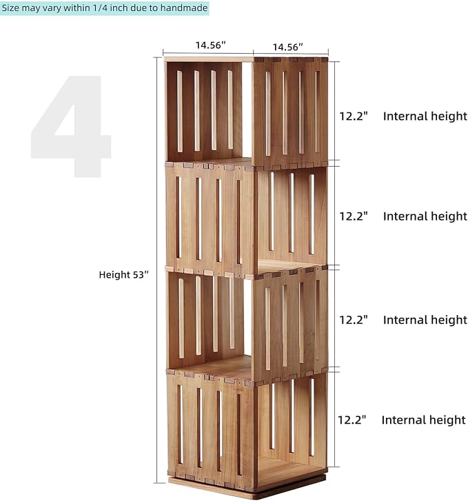 Wooden Rotating Bookshelf, 360°Spinning Deep-Bin Tower for Art Books&Large Formats, Solid Wood Revolving Bookcase, Floor Standing Storage Rack,Corner Organizer,Small Space,study,Office, 4-Tier
