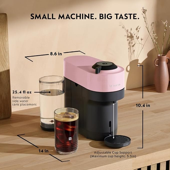 Nespresso Vertuo Pop+ Coffee Machine with Milk Frother, Candy Pink | Coffee and espresso maker by De'Longhi with compact design. Aeroccino3 frother bundle for hot or cold foam drinks at home.